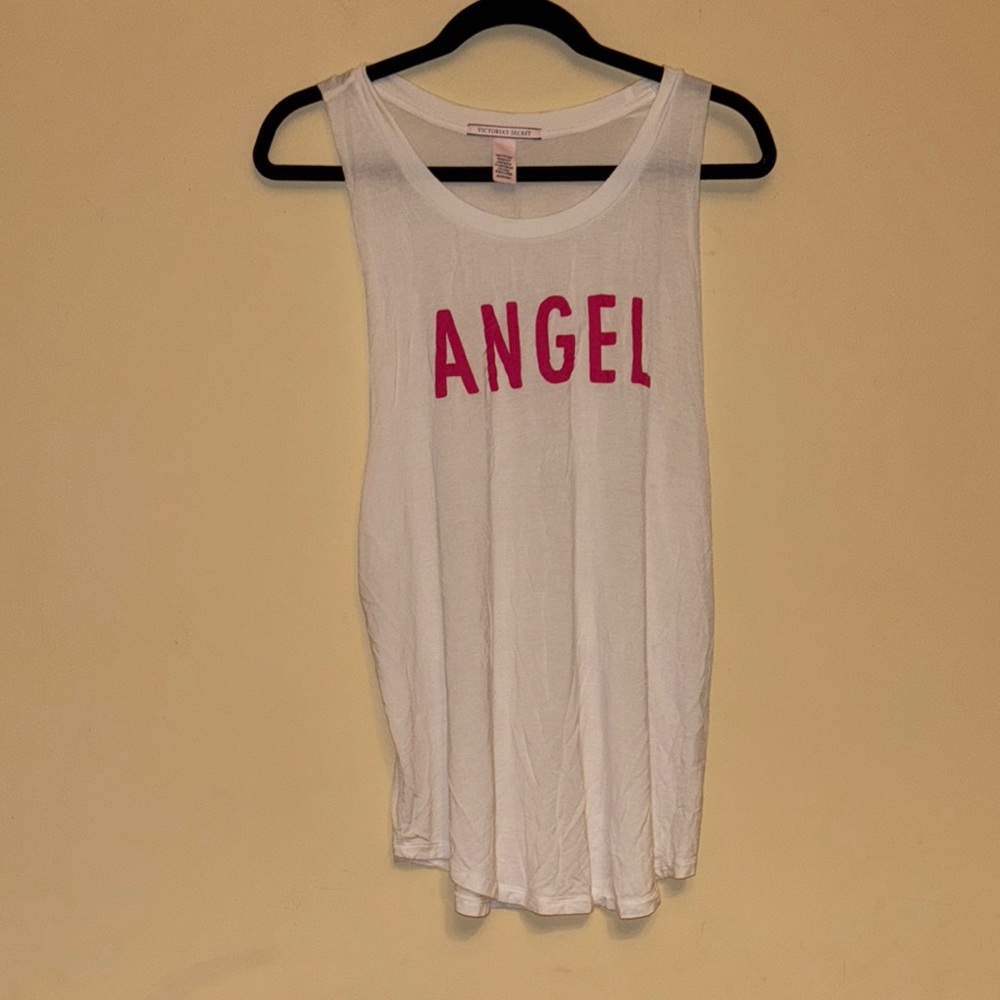 Victoria’s Secret White Sleeveless Tank Top‎ with Pink 'ANGEL' Print Size Medium